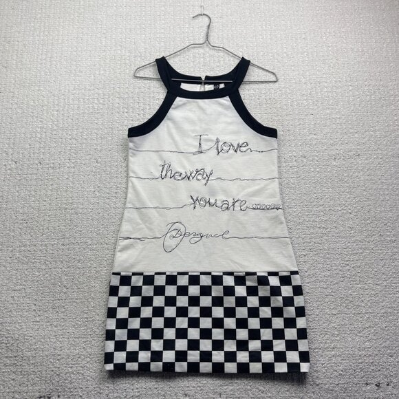 Desigual Sleeveless Tank Dress Size S White Black Checkboard Script Graphic Love - Picture 1 of 14